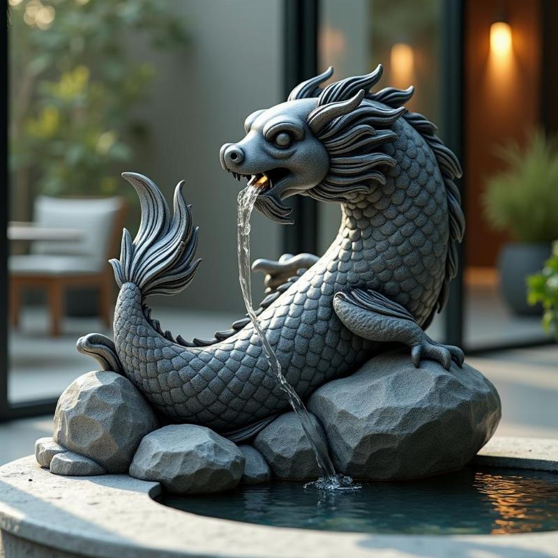 Đặt tượng cá chép hóa rồng đá cạnh tiểu cảnh nước, tăng cường năng lượng thịnh vượng, may mắn