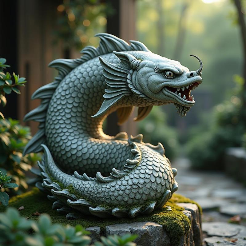 Tượng cá chép hóa rồng đá cổ kính đặt trong vườn tĩnh lặng, mang lại bình an và cảm hứng ngộ đạo