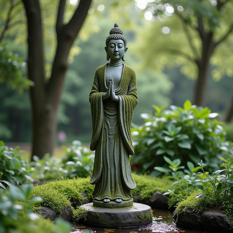 Tượng Cửu Thiên Huyền Nữ đá cổ kính đặt giữa vườn thiền tĩnh lặng
