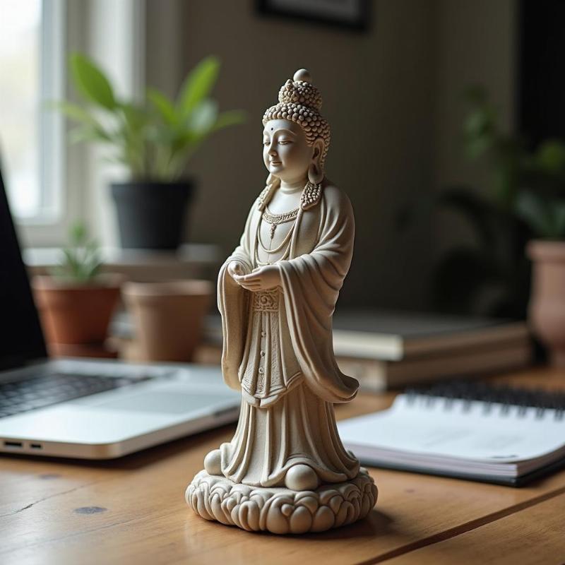 Tượng Cửu Thiên Huyền Nữ đá đặt trên bàn làm việc, biểu tượng trí tuệ cho sự nghiệp