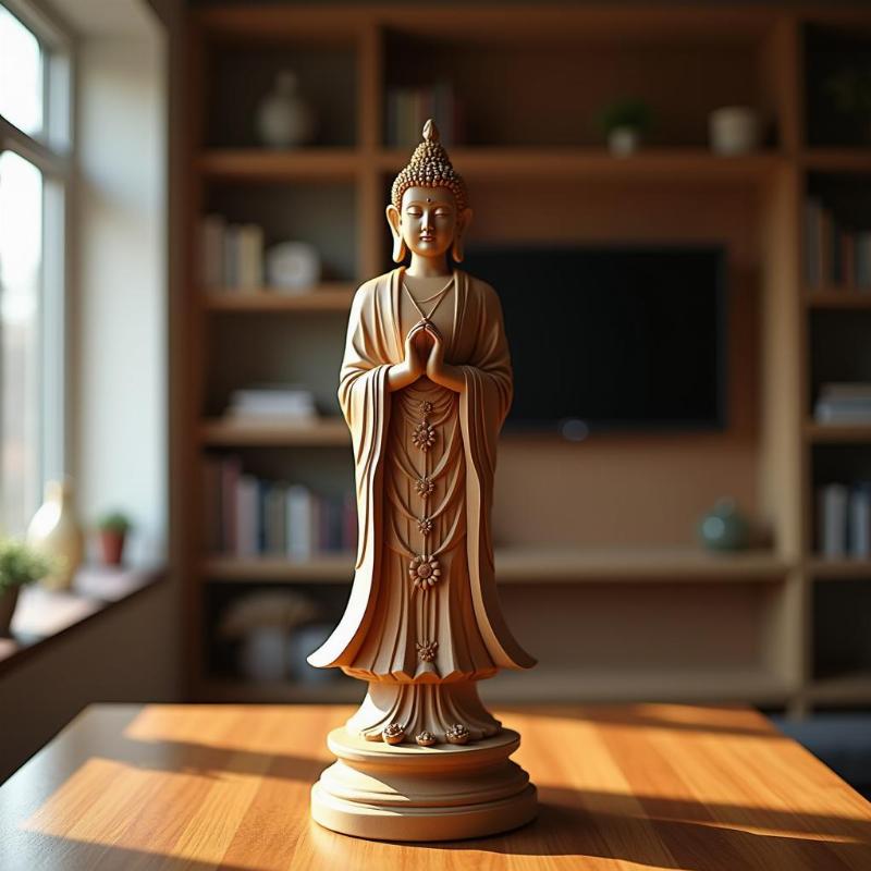 Tuong di lac dung bang go dat tren ke go trong khong gian phong khach am cung, anh sang tu nhien