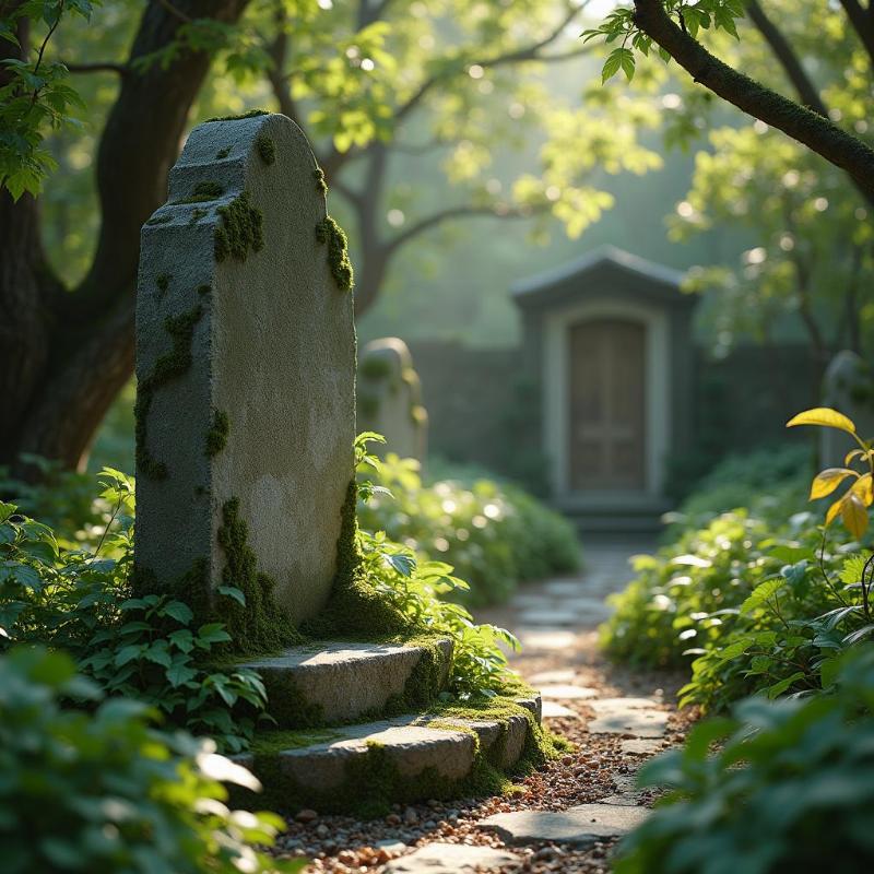 Tượng điêu khắc đá cổ kính giữa vườn tĩnh lặng, hòa quyện cùng thiên nhiên