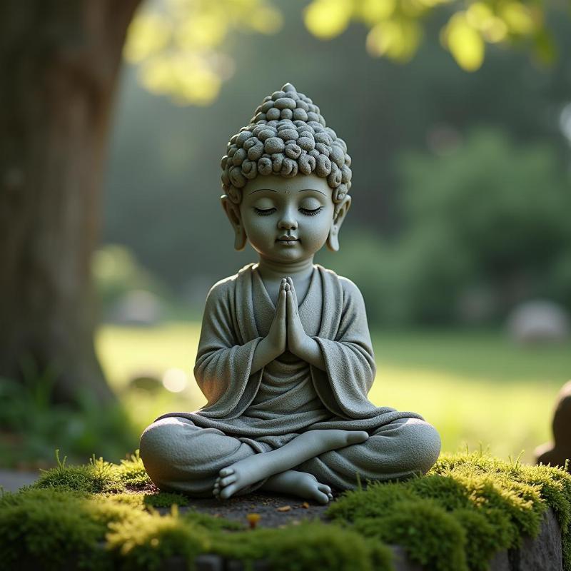 Tượng em bé đá đang thiền định mang lại sự an nhiên cho không gian.