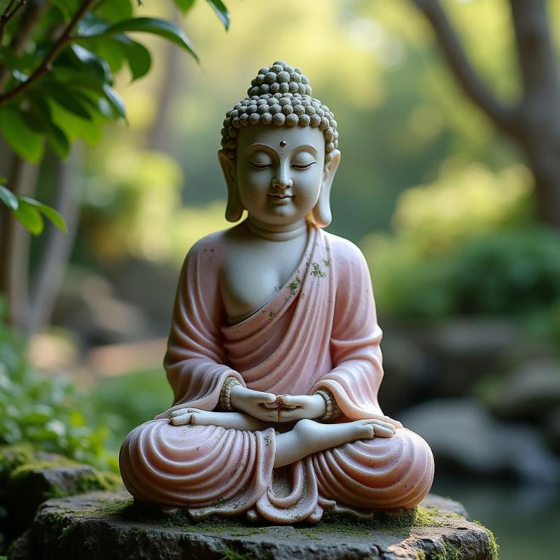 Tượng Phật Di Lặc đá thạch anh hồng trong vườn thiền, vẻ đẹp cổ kính, bình yên.