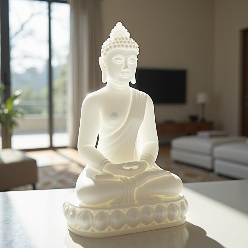 Tượng Phật Di Lặc bằng đá thạch anh trắng đặt trong phòng khách, mang năng lượng an lạc.