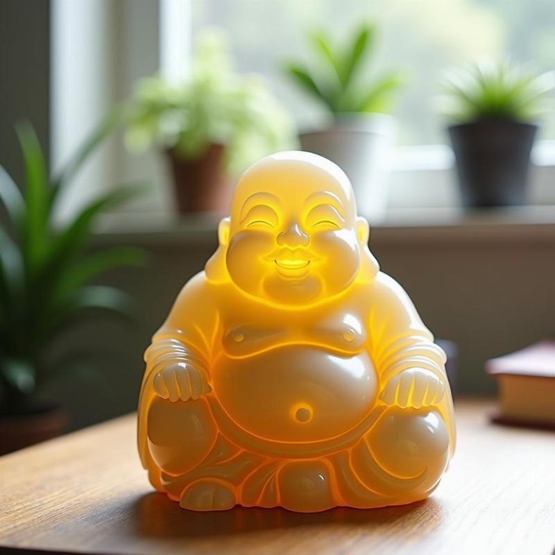 Tượng Phật Di Lặc bằng đá thạch anh vàng trên bàn làm việc, thu hút tài lộc, may mắn.
