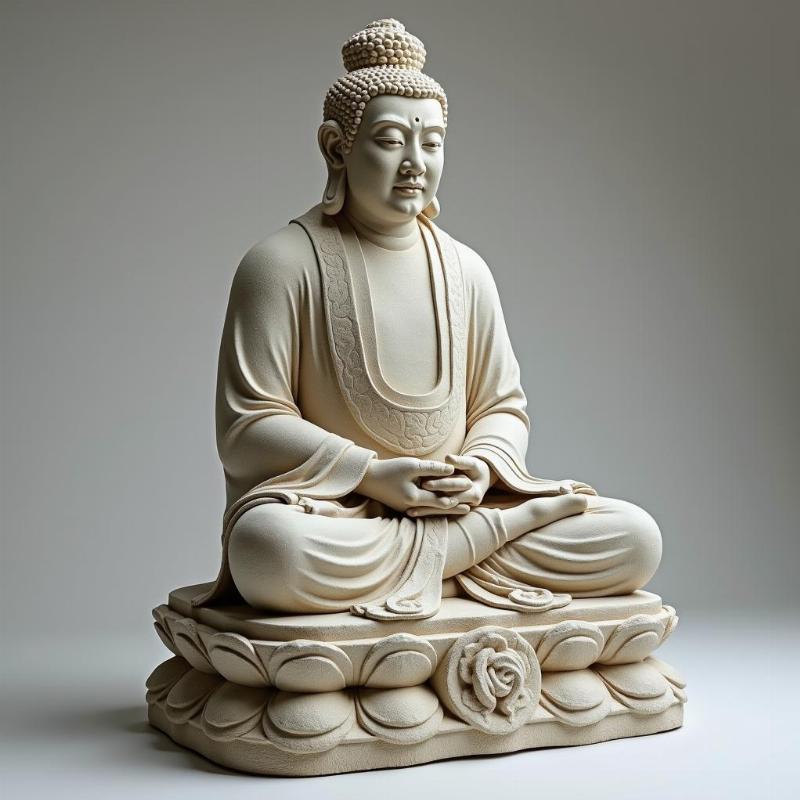 Hình ảnh tượng Phật Hoàng Trần Nhân Tông bằng đá khắc họa sự an nhiên, trí tuệ.