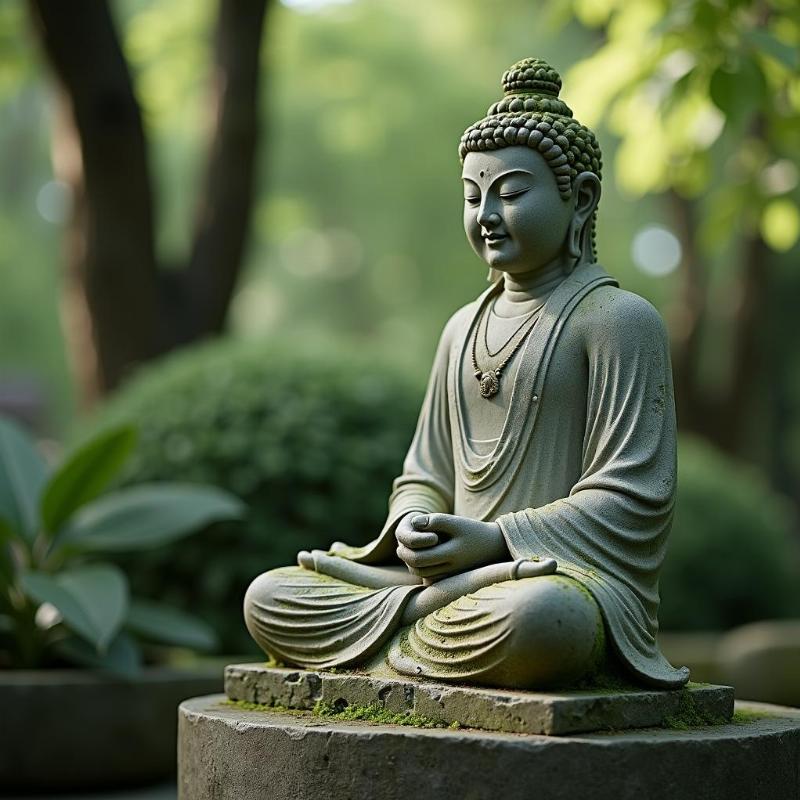 Tượng Phật Hoàng Trần Nhân Tông bằng đá đặt trong khu vườn tĩnh lặng, hòa mình vào thiên nhiên.