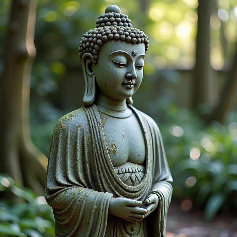 Tượng Quan Âm đá đặt ngoài trời với vẻ ngoài rêu phong cổ kính