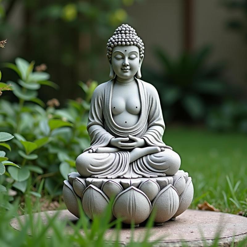 Tượng Quan Âm đá ngồi thiền tĩnh tại trong khu vườn nhỏ an lạc