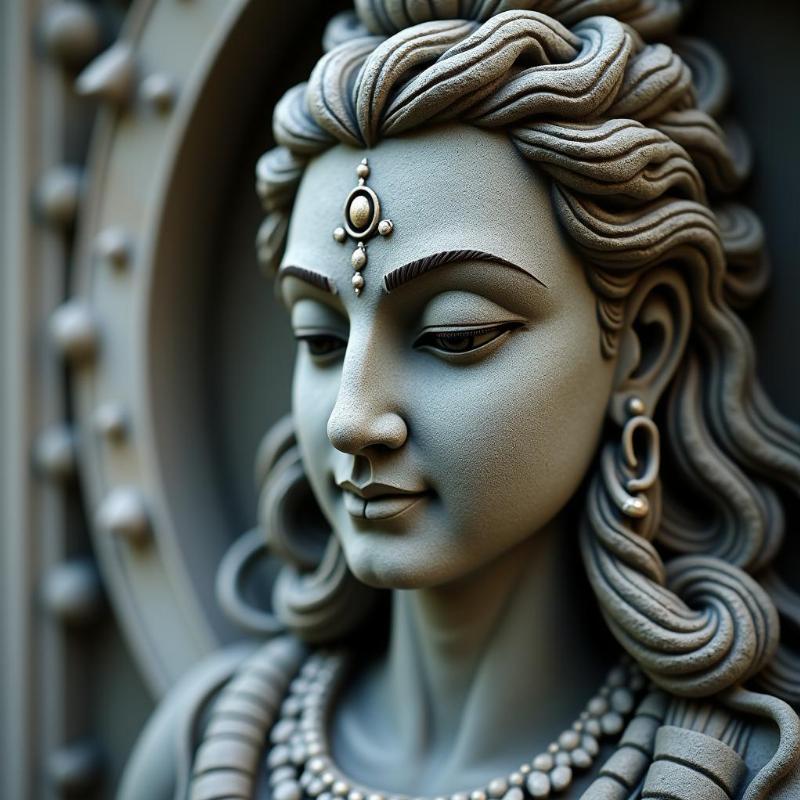 Mo ta chi tiet cac bieu tuong tren tuong than Shiva bang da.