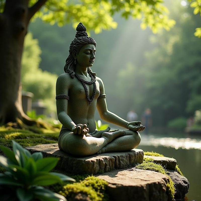 Hinh anh tuong than Shiva bang da dat trong vuon tinh lang giup thiền định.