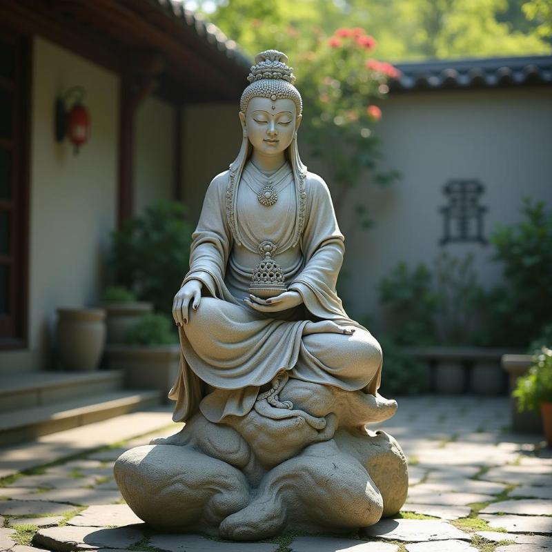 Tượng thần tài đá đặt giữa không gian yên tĩnh mang lại cảm giác an lạc và thịnh vượng