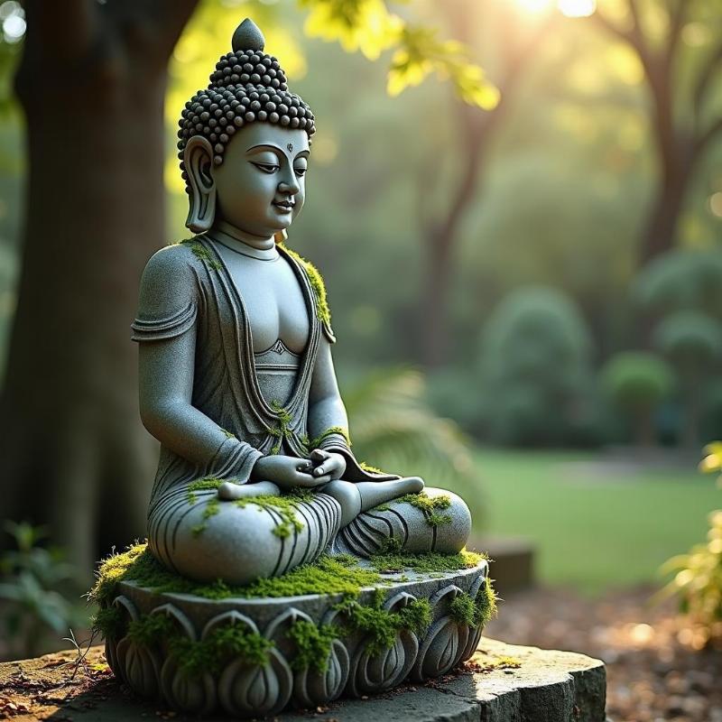 Vẻ đẹp trầm mặc của tượng đá tâm linh Hư Không Tạng Bồ Tát đặt giữa không gian sân vườn.