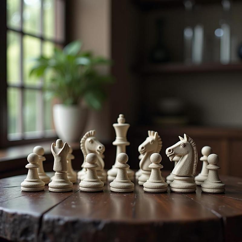 Bộ tượng cờ vua đá đặt trên bàn, tượng trưng trí tuệ cân bằng trong phong thủy nội thất