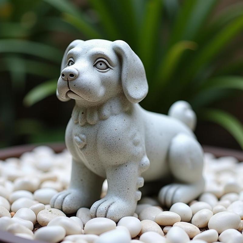 Tượng chó phong thủy bằng đá tự nhiên, thể hiện năng lượng tĩnh lặng và sự bảo vệ, đặt trên nền sỏi trắng.