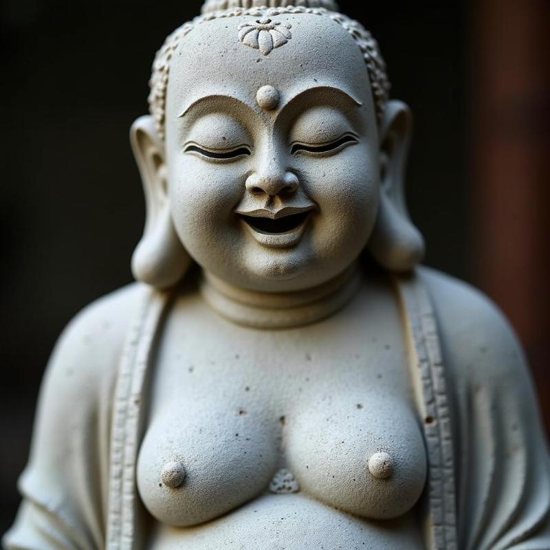 Tượng Phật Di Lặc đá khắc họa nụ cười an lạc và bụng lớn, gần gũi, chi tiết