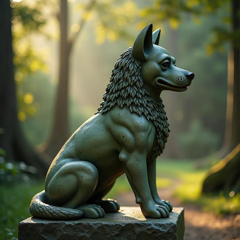 Tượng chó phong thủy bằng đá đặt giữa vườn tĩnh lặng, ánh sáng mờ ảo, rêu phong cổ kính