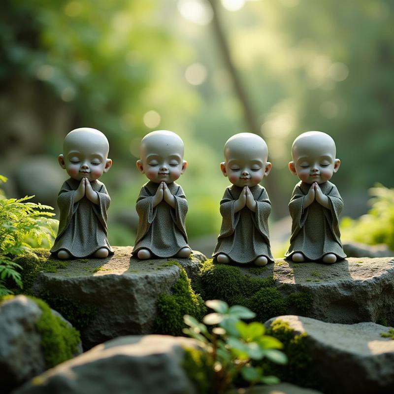 Tượng chú tiểu 4 không bằng đá đặt trong vườn yên tĩnh, rêu phong