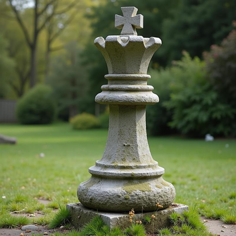 Tượng cờ vua đá lớn đặt ngoài trời rêu phong cổ kính, biểu tượng bền vững và thời gian