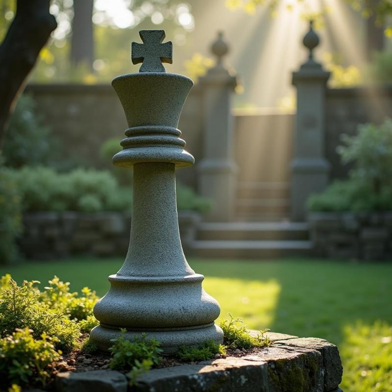Tượng cờ vua đá hình quân Vua đặt giữa vườn tĩnh lặng, biểu tượng trí tuệ và an nhiên phong thủy