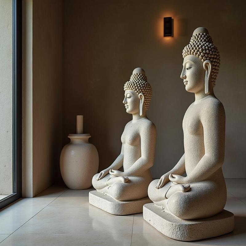 Góc trưng bày tượng đá nghệ thuật, bao gồm cả tượng đa vít, thể hiện sự trầm lắng và tinh tế trong không gian nội thất.