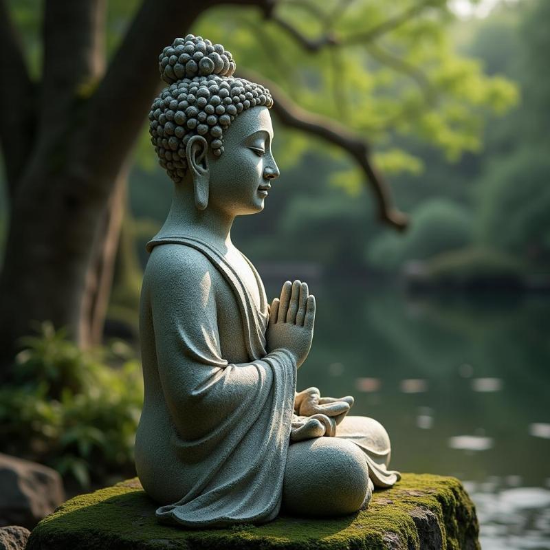 Tượng đá tâm linh gọi là tượng đa vít đặt giữa vườn, dưới ánh sáng mờ, mang vẻ đẹp cổ kính, an nhiên.