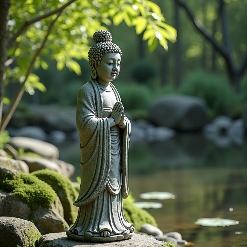 Chiêm ngưỡng tượng đá Thánh Gióng uy nghiêm đặt giữa không gian vườn tĩnh lặng, mang năng lượng an lành.