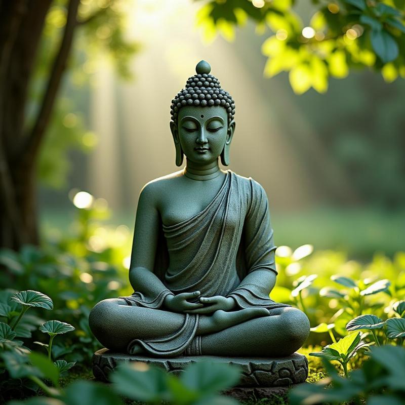 Một pho tượng đá thiền định gọi là tượng đa vít đặt giữa vườn xanh mát, ánh nắng nhẹ chiếu rọi.