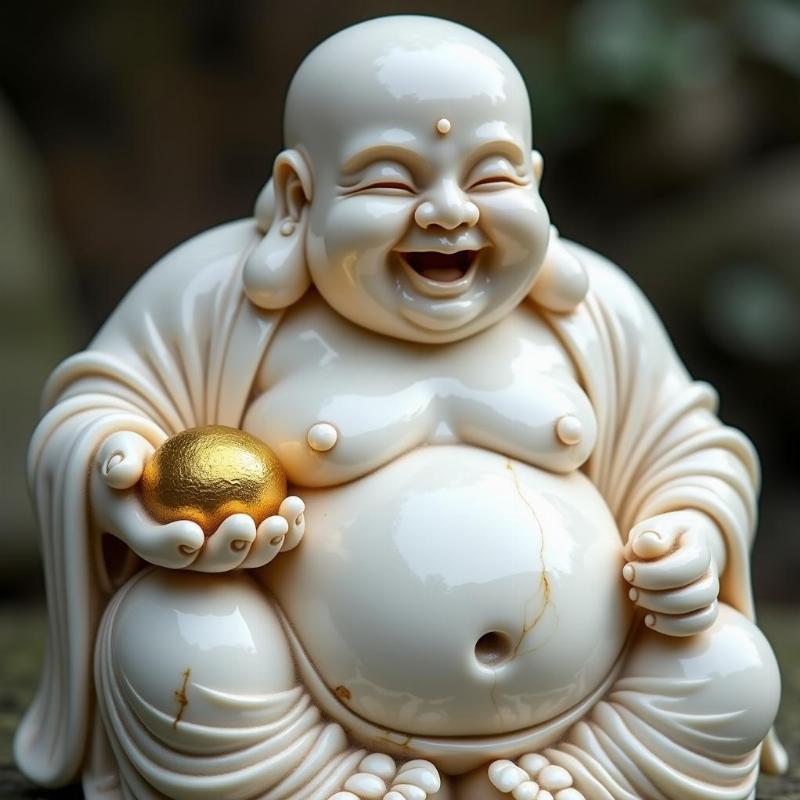 Tượng Di Lặc Chúc Phúc bằng đá với nụ cười rạng rỡ và các biểu tượng may mắn, thể hiện đặc điểm nhận biết