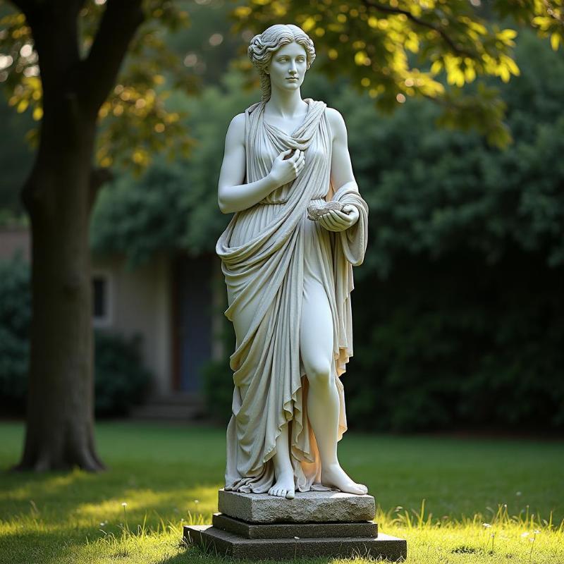 Tượng Hy Lạp cổ đại bằng đá cẩm thạch đặt giữa vườn cây tĩnh lặng, ánh sáng chiếu mờ