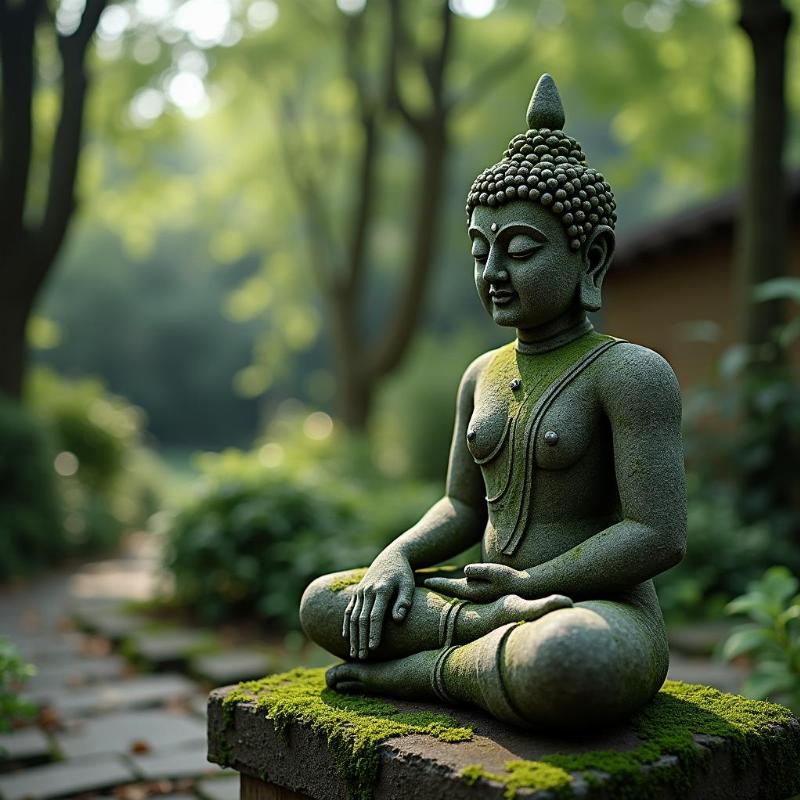 Tượng Kumanthong đá tự nhiên đặt giữa vườn tĩnh lặng, mang vẻ đẹp cổ kính