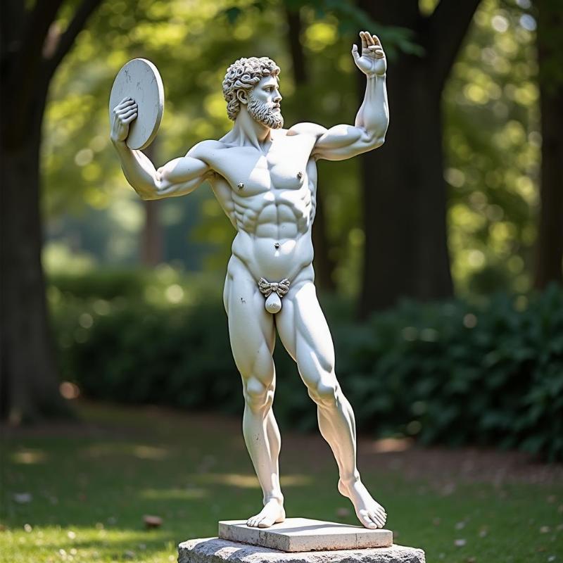 Tượng lực sĩ ném đĩa bằng đá cẩm thạch trắng đặt giữa vườn tĩnh lặng