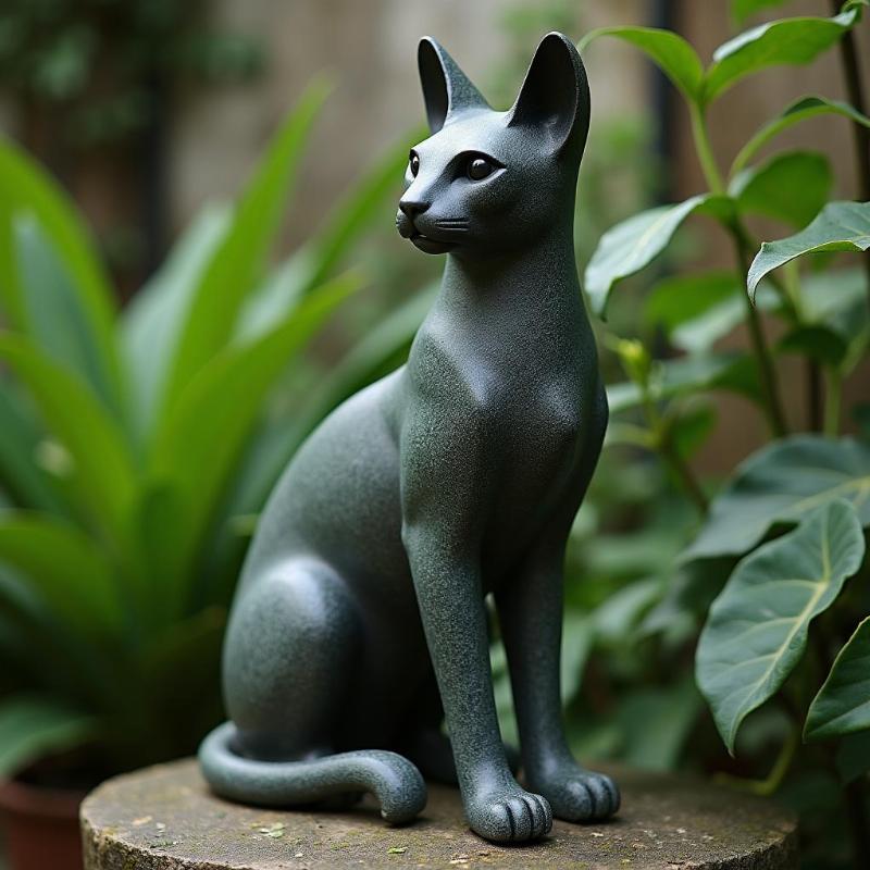 Tượng mèo Ai Cập đá tự nhiên đặt trong vườn tĩnh lặng, gợi cảm giác bình yên