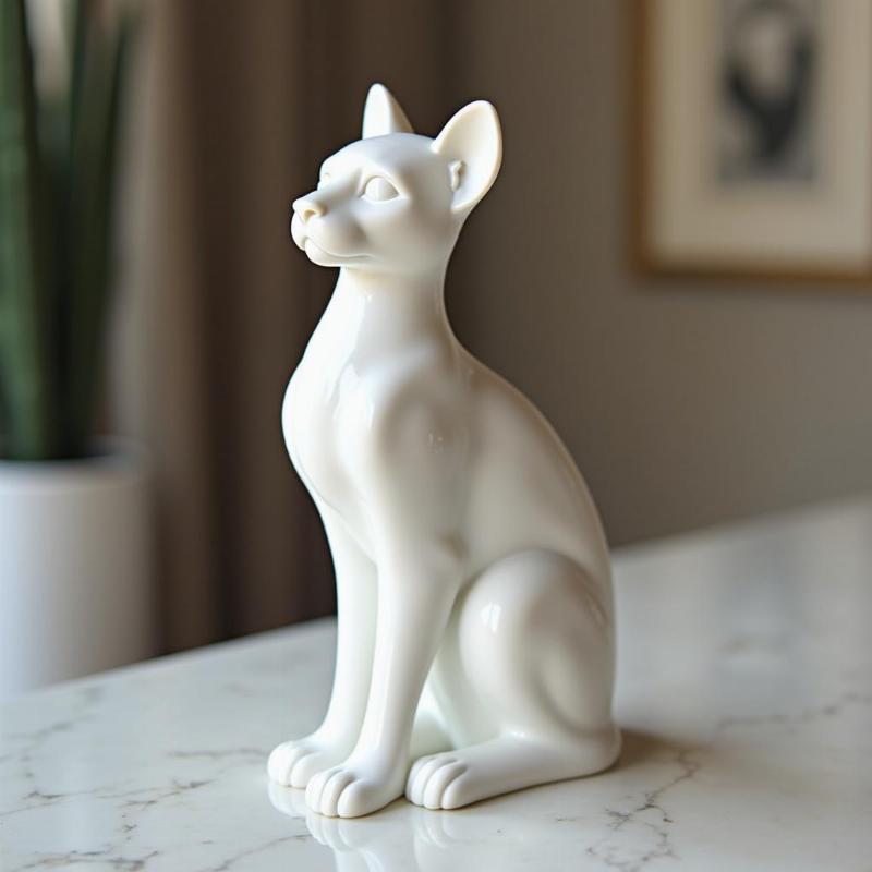 Tượng mèo Ai Cập đá marble trắng đặt trong không gian nội thất sang trọng, tĩnh tại