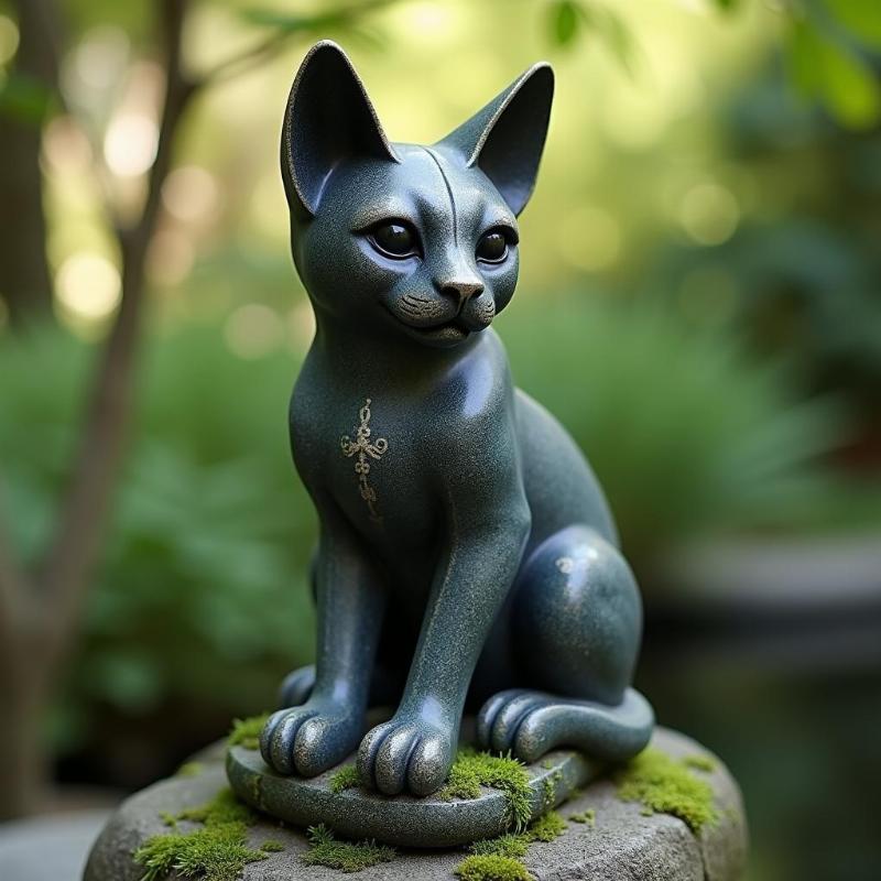 Tượng mèo Ai Cập đá tự nhiên ngồi tĩnh lặng trong vườn thiền, mang lại bình an