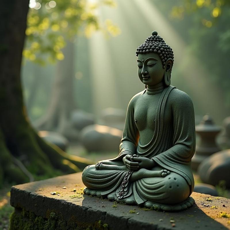 Tượng Ông Thọ bằng đá non nước đặt giữa vườn tĩnh lặng, ánh sáng mờ, rêu phong cổ kính