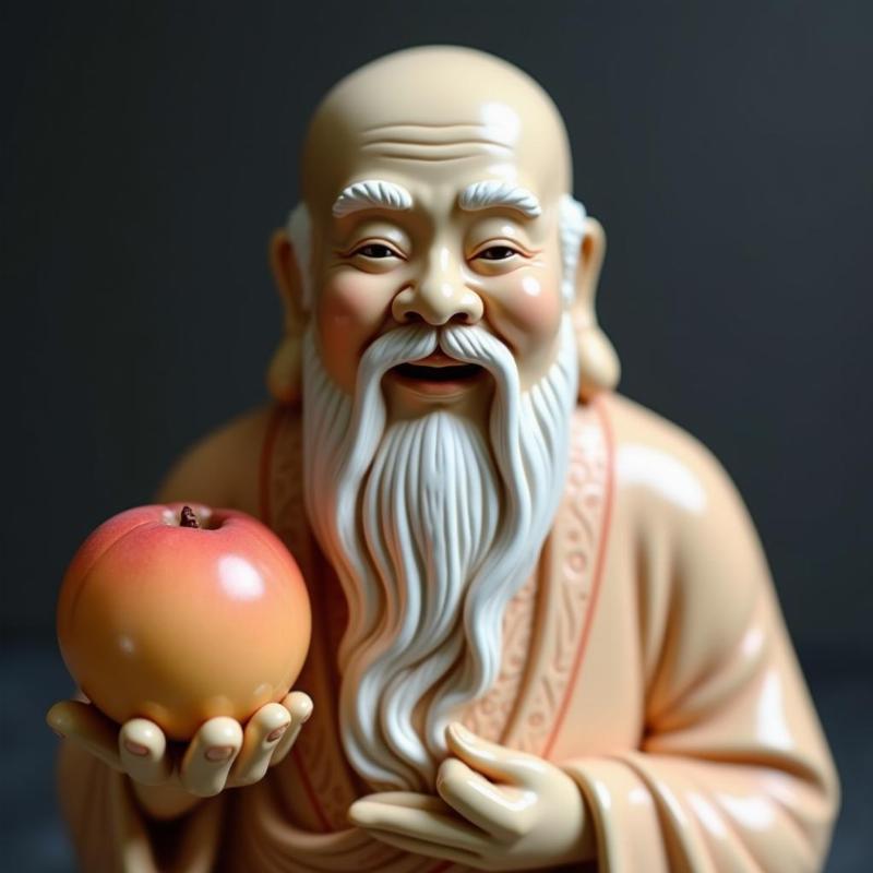 Tượng Ông Thọ bằng gốm sứ cầm đào tiên, biểu tượng sức khỏe và sự trường thọ an lành.