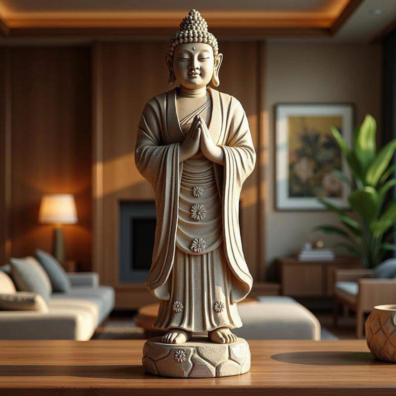 Tượng Ông Thọ bằng đá tự nhiên trưng bày trong phòng khách gia đình, không gian ấm cúng