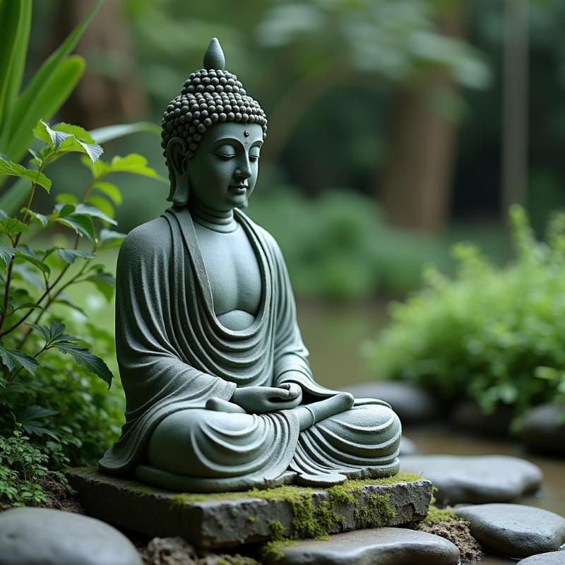 Tượng Phật A Di Đà đẹp nhất đặt giữa vườn tĩnh lặng, gợi cảm giác vô thường và an nhiên tự tại