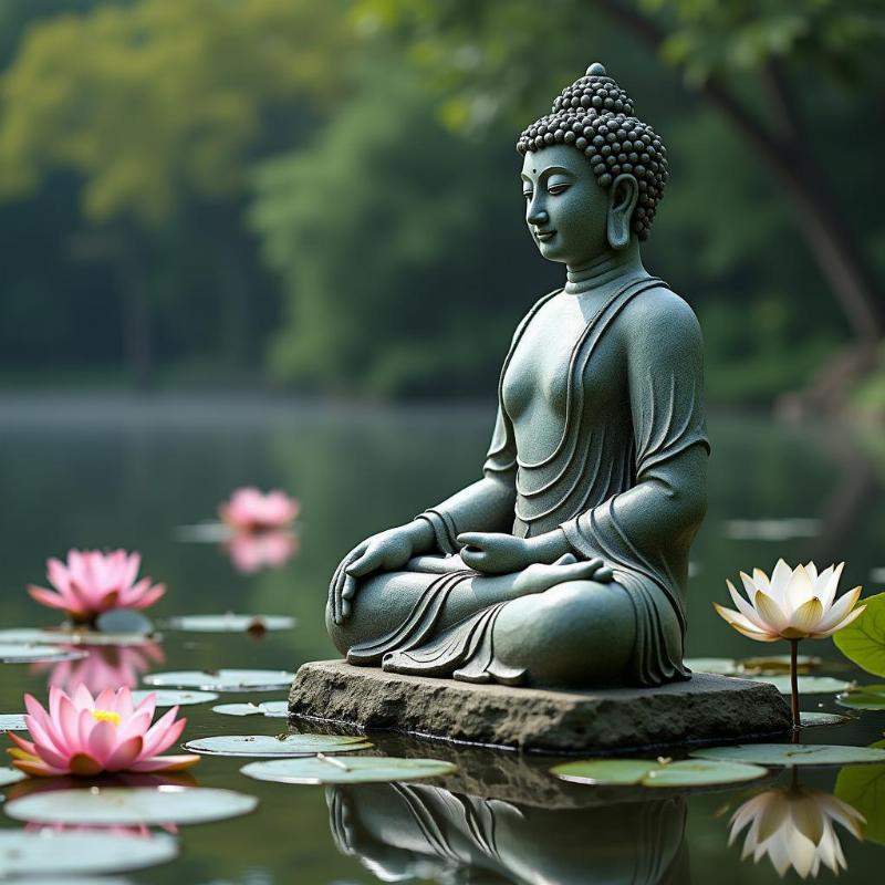 Tượng Phật Di Lặc đá tự nhiên đặt cạnh ao sen, không gian thiền định, yên bình