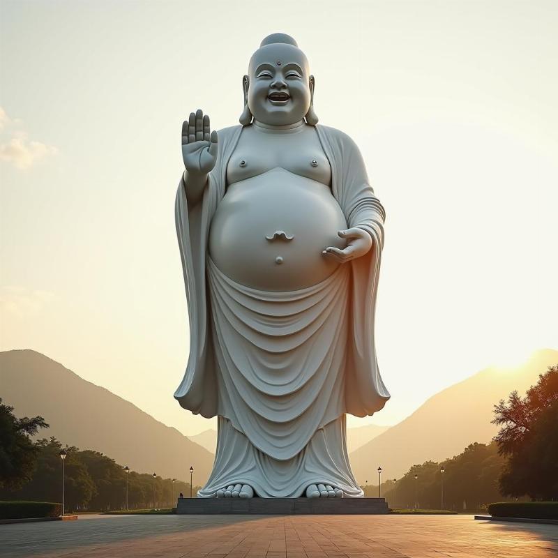 Tượng Phật Di Lặc lớn nhất châu á bằng đá trắng tỏa sáng dưới ánh chiều vàng, không gian an yên