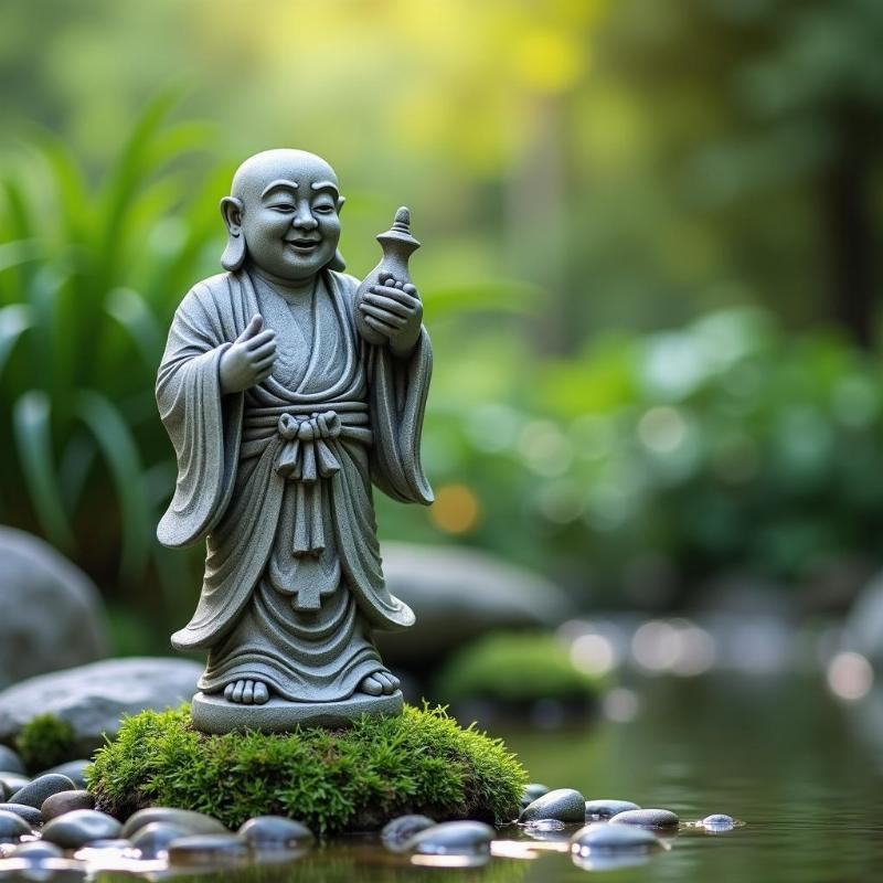 Hình ảnh tượng Tế Công bằng đá tự nhiên đặt giữa khu vườn thiền tĩnh lặng, mang đến năng lượng an yên và tự tại cho không gian.