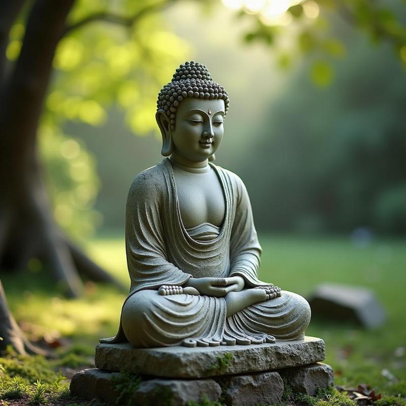 Vẻ đẹp tĩnh lặng của tượng đá Di Lặc đặt giữa vườn rêu phong dưới ánh nắng nhẹ