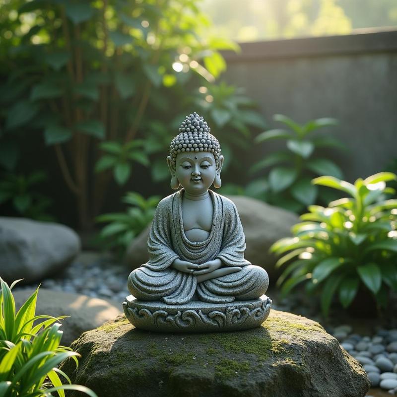 Vẻ đẹp tĩnh lặng và cổ kính của Tượng Di Lặc Chúc Phúc bằng đá đặt giữa khu vườn thiền định